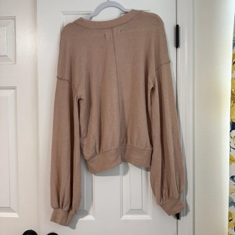 Free People Beach TGIF Sweater Long Balloon Sleeve Stretch Tan Blush Pink Small